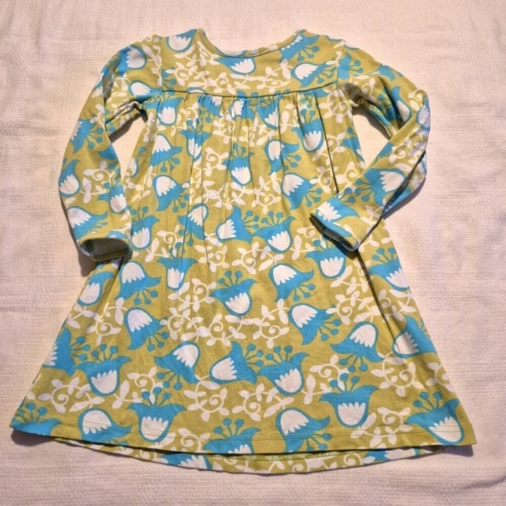 Hanna Andersson girls size 110 or 5 dress green teal and white long sleeve dress